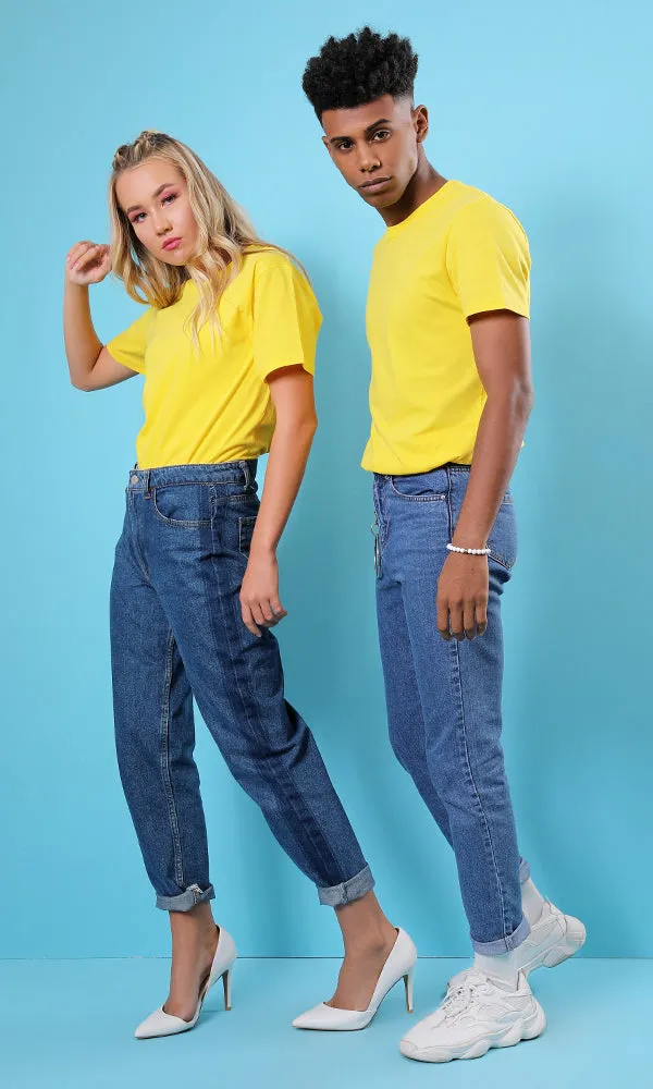 42256 Basic Solid Round Neck Slip On Yellow T-shirt