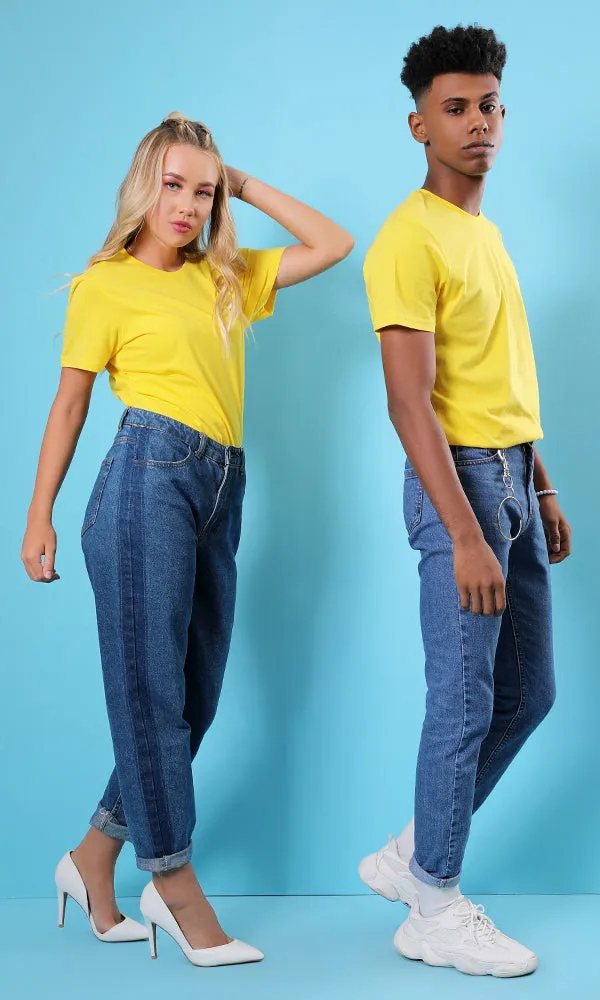 42256 Basic Solid Round Neck Slip On Yellow T-shirt