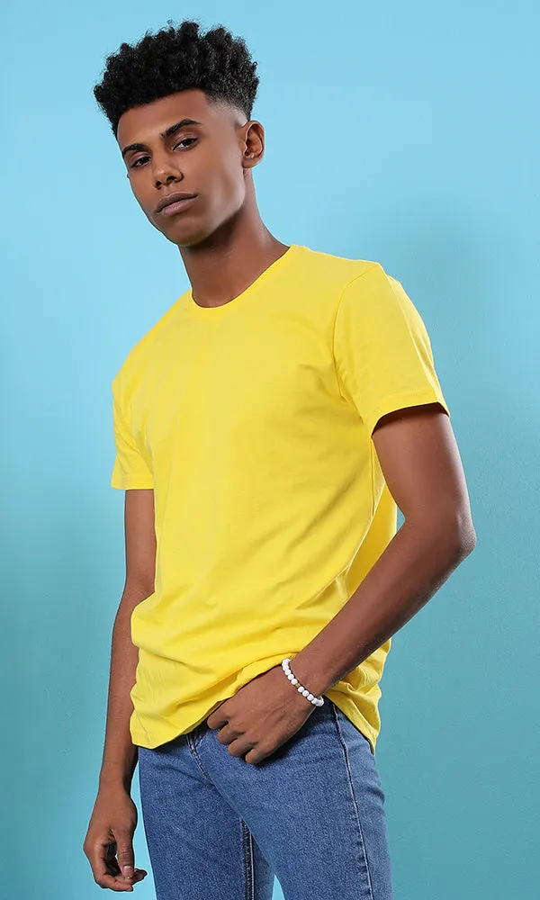 42256 Basic Solid Round Neck Slip On Yellow T-shirt