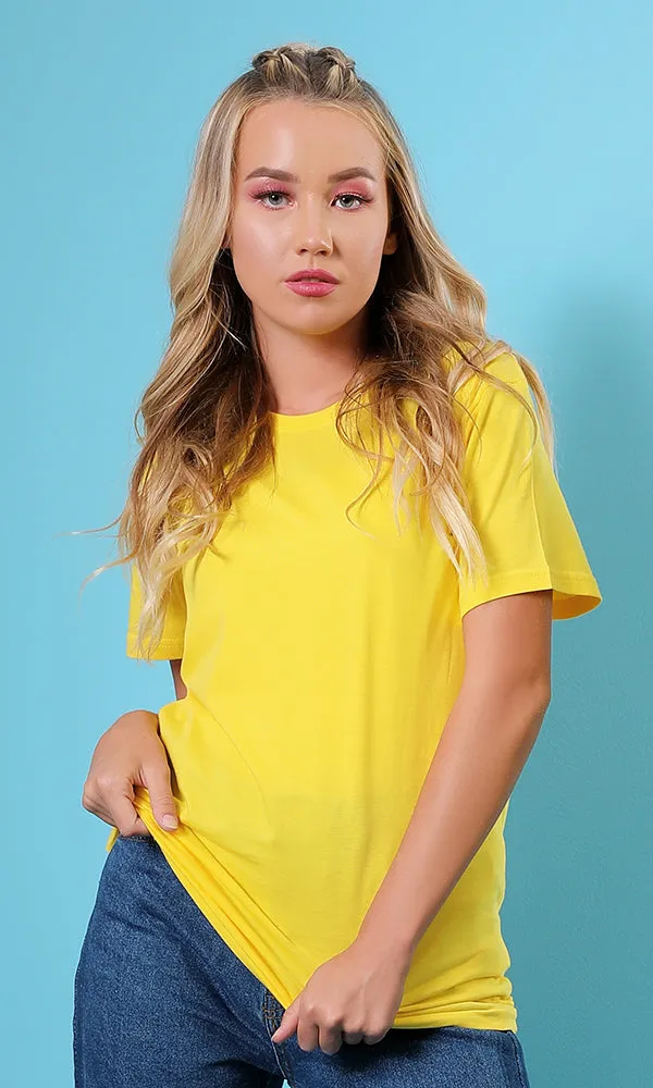 42256 Basic Solid Round Neck Slip On Yellow T-shirt