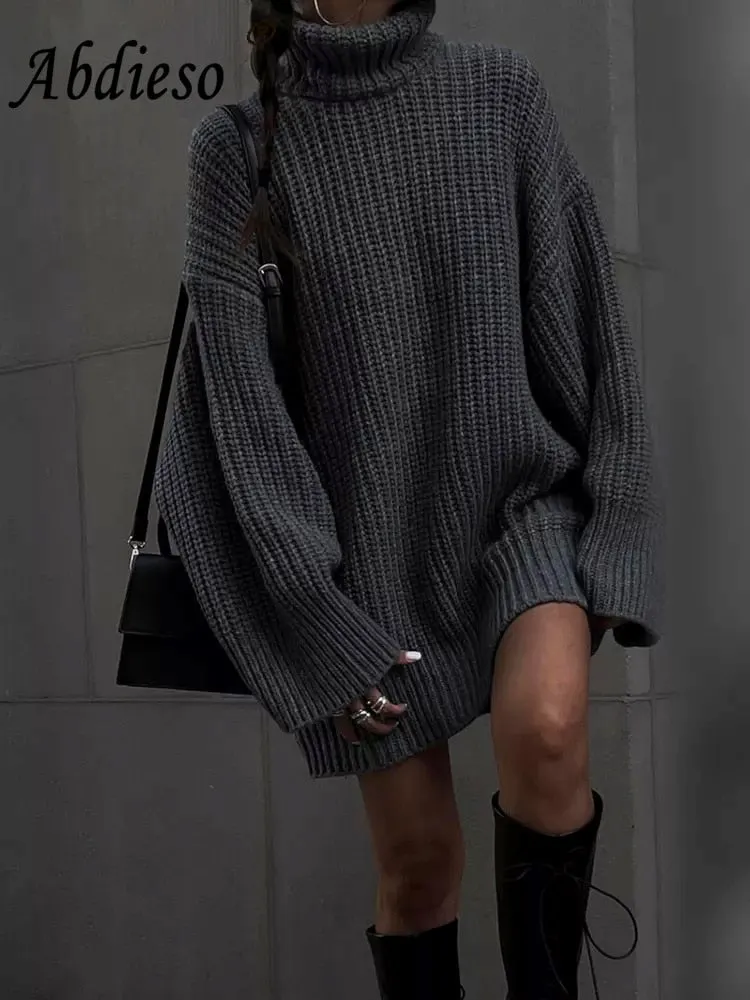 Abdieso Winter Turtleneck Loose Knitted Sweater Dress