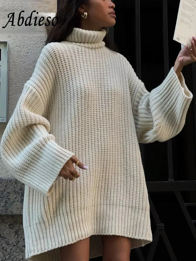 Abdieso Winter Turtleneck Loose Knitted Sweater Dress