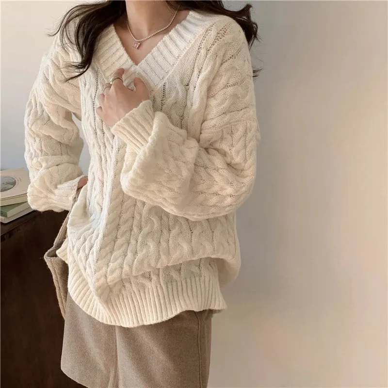 Aiertu Solid Sweater Women Korean Fashion V Neck Knitted Pullovers Pink Long Sleeve Knitwear Winter Streetwear Casual Jumpers Tops New