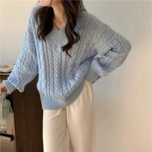 Aiertu Solid Sweater Women Korean Fashion V Neck Knitted Pullovers Pink Long Sleeve Knitwear Winter Streetwear Casual Jumpers Tops New