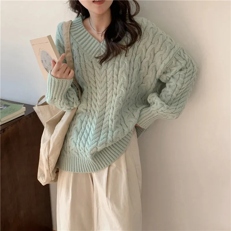 Aiertu Solid Sweater Women Korean Fashion V Neck Knitted Pullovers Pink Long Sleeve Knitwear Winter Streetwear Casual Jumpers Tops New