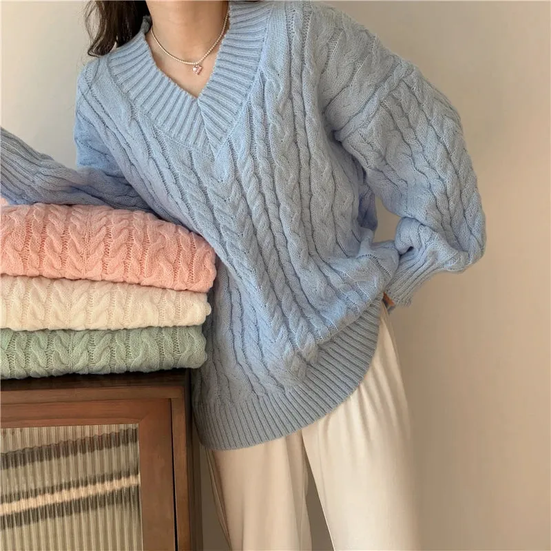 Aiertu Solid Sweater Women Korean Fashion V Neck Knitted Pullovers Pink Long Sleeve Knitwear Winter Streetwear Casual Jumpers Tops New