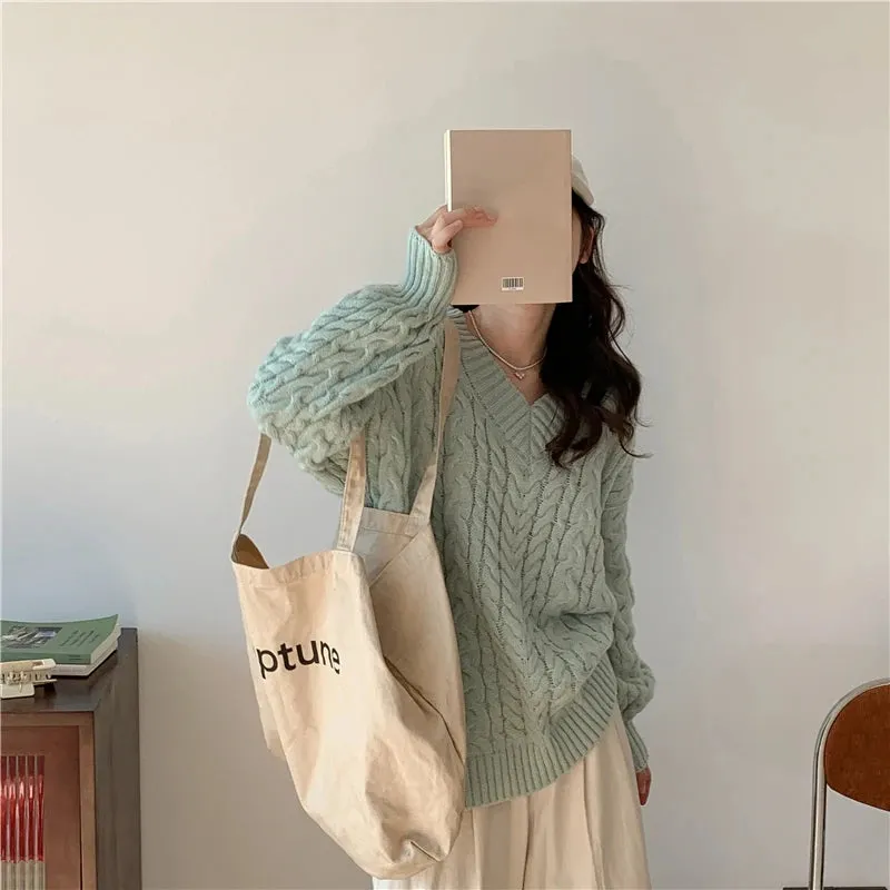 Aiertu Solid Sweater Women Korean Fashion V Neck Knitted Pullovers Pink Long Sleeve Knitwear Winter Streetwear Casual Jumpers Tops New
