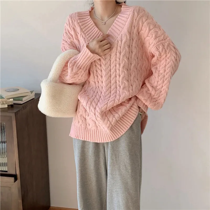 Aiertu Solid Sweater Women Korean Fashion V Neck Knitted Pullovers Pink Long Sleeve Knitwear Winter Streetwear Casual Jumpers Tops New