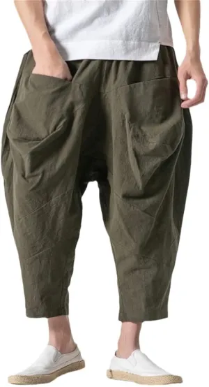 Alloaone Mens Wide Crotch Harem Pants Chinese Style Ankle-Length Pants Male Wide-Legged Bloomers Trousers