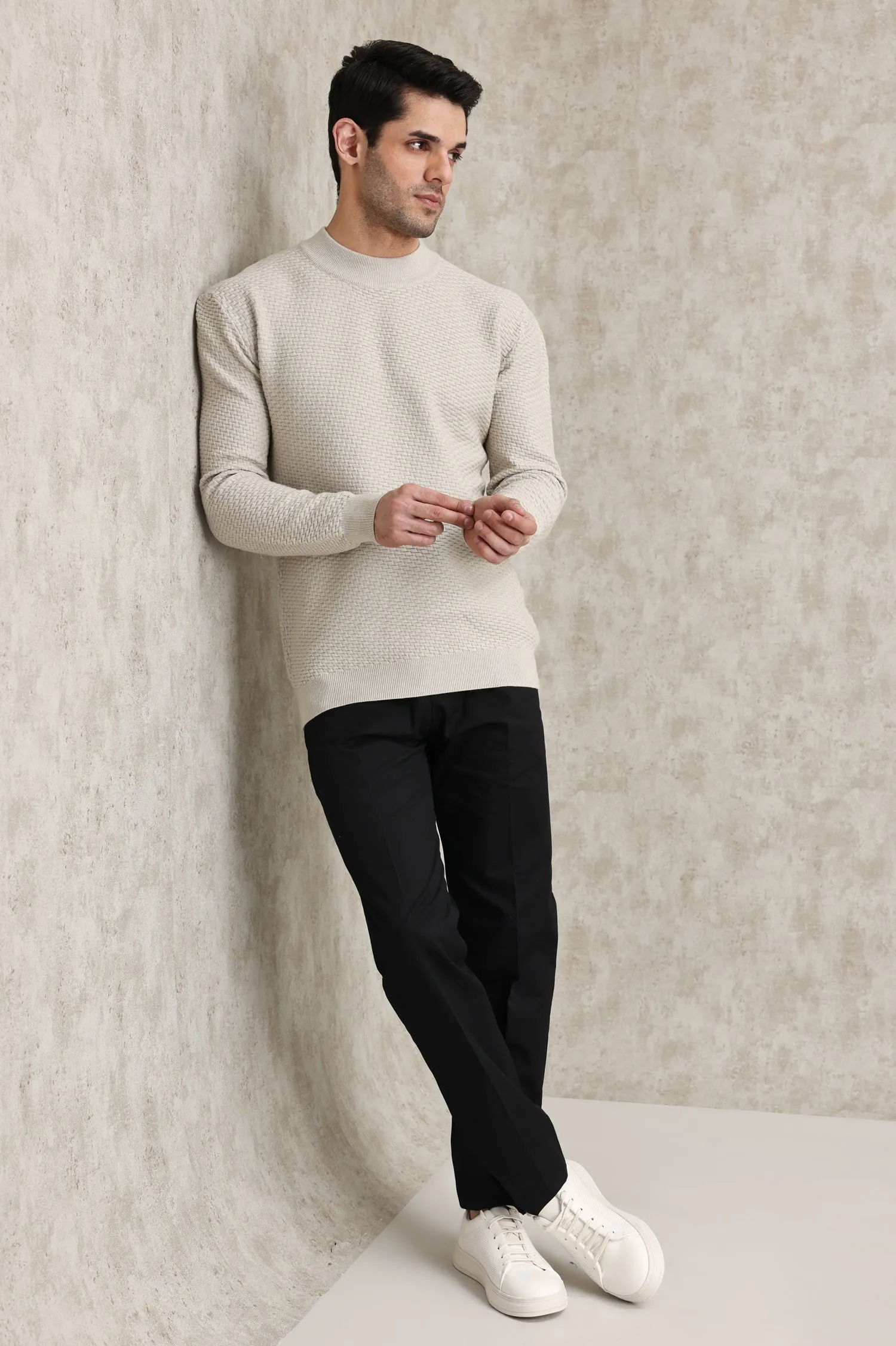 BASKETWEAVE CREW NECK SWEATER-BEIGE