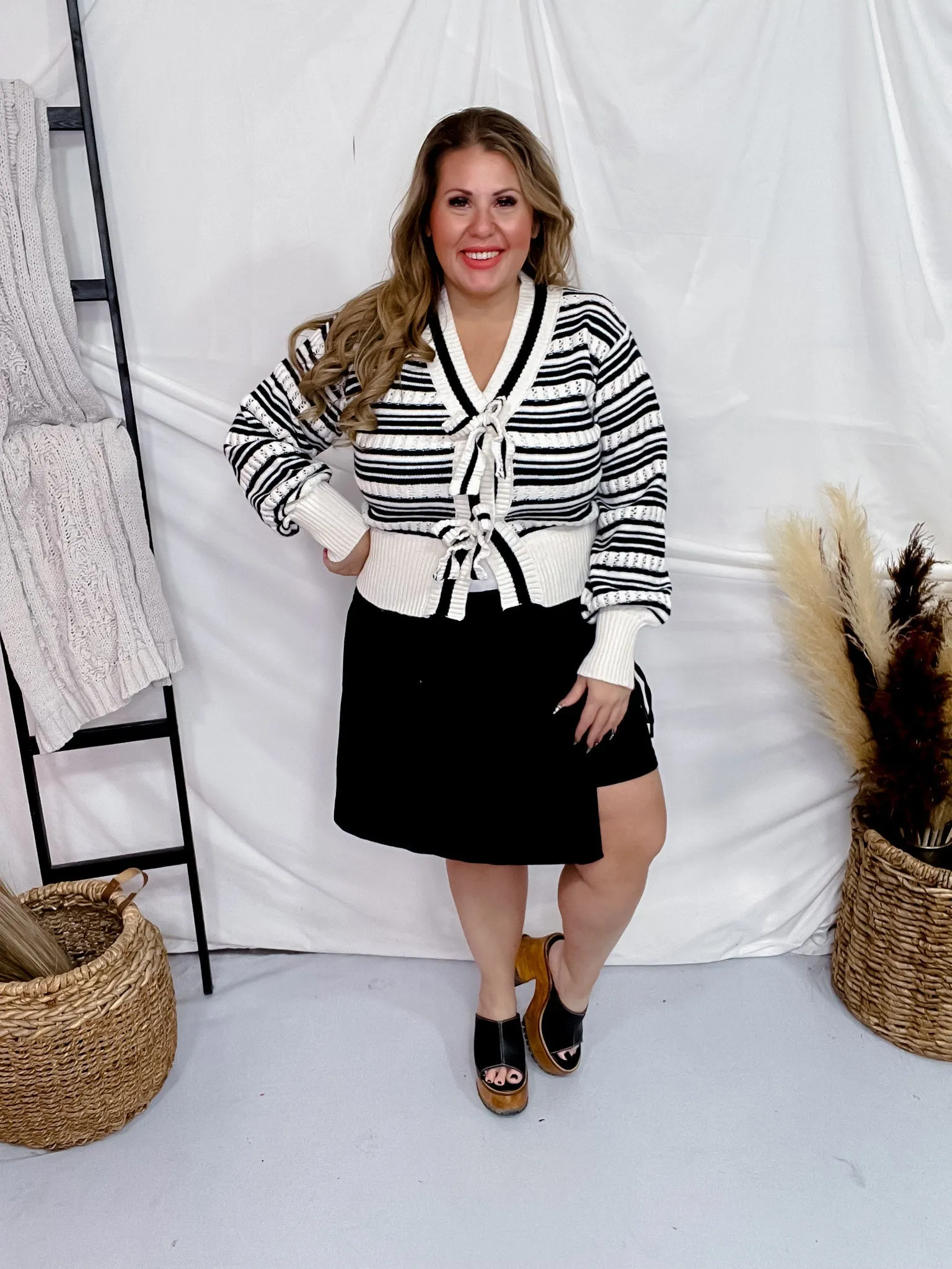 Black and White Striped Cardigan with Bow Closures