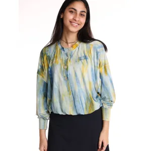 Blue/ Yellow Henley Dolman Top Streaky Tie Dye