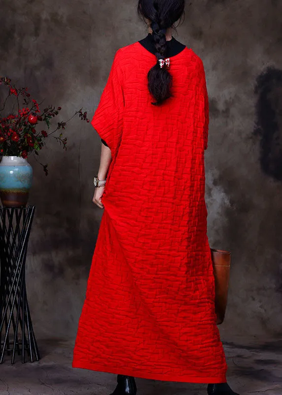 Boutique Red O-Neck Patchwork Knit Knit Sweater Dress Winter