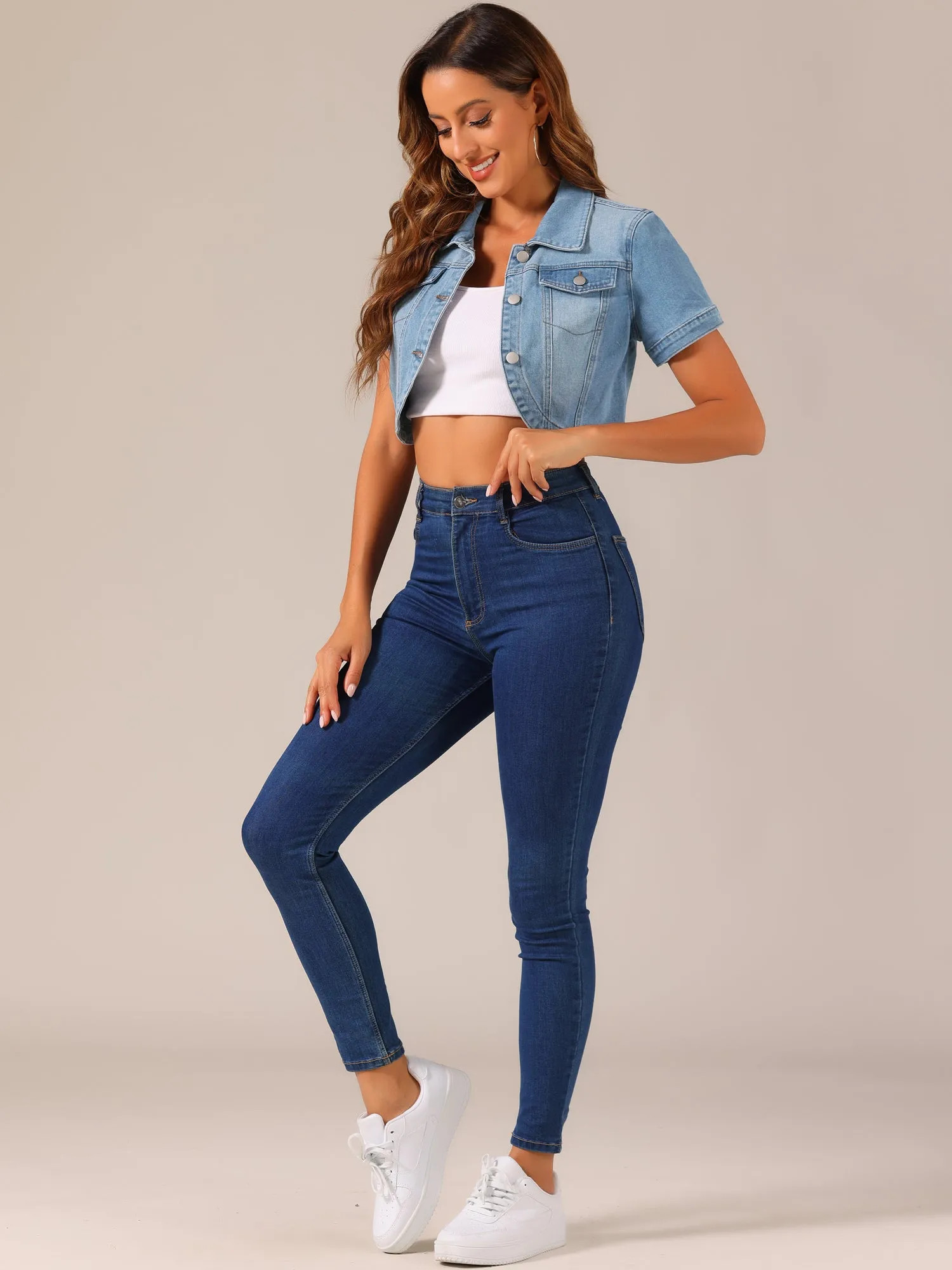 Casual Denim Turndown Collar Short Sleeves Crop Jean Jackets