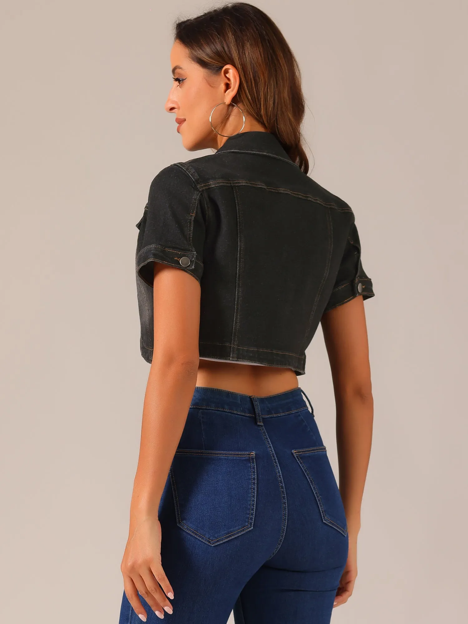 Casual Denim Turndown Collar Short Sleeves Crop Jean Jackets
