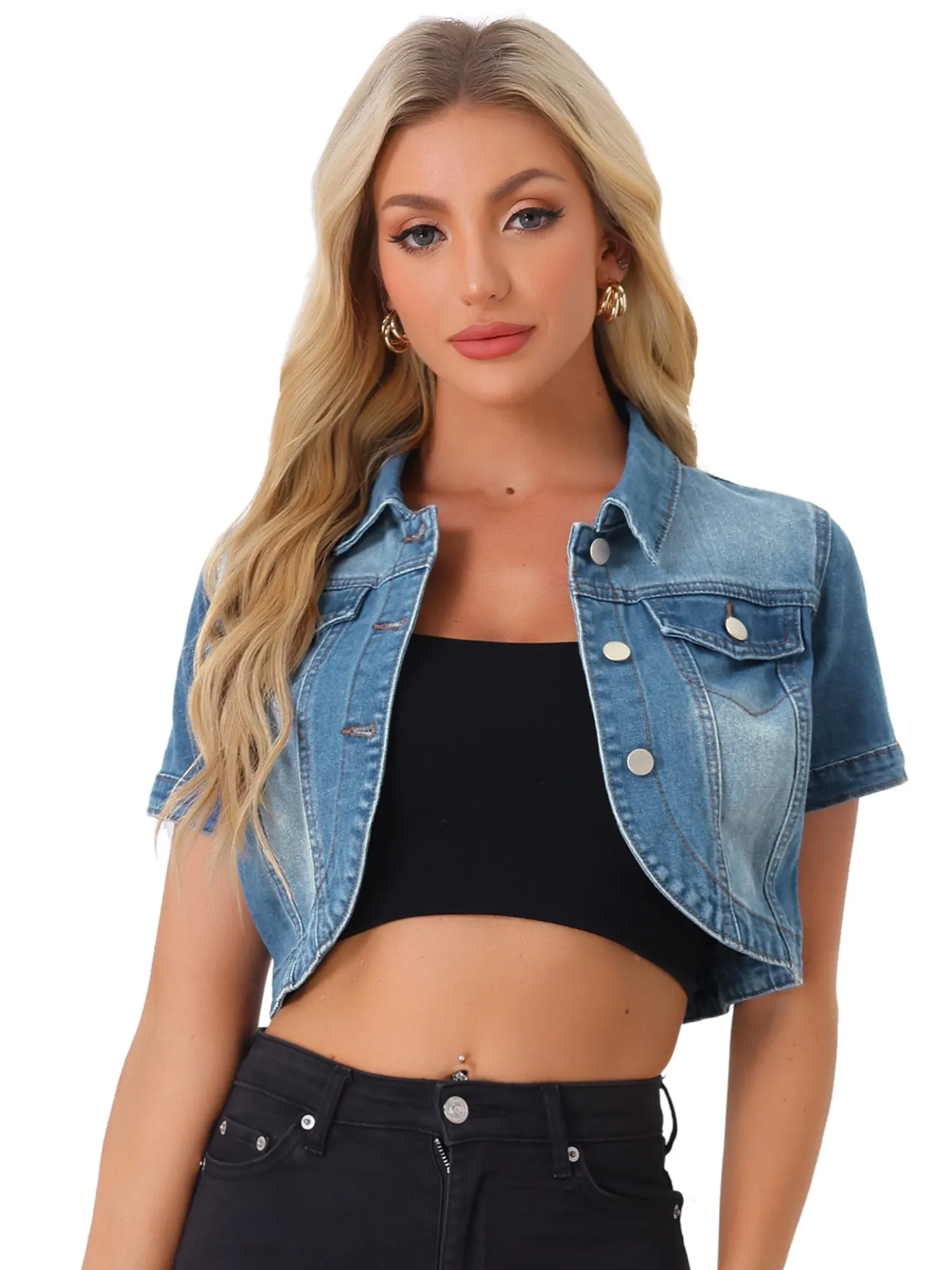 Casual Denim Turndown Collar Short Sleeves Crop Jean Jackets