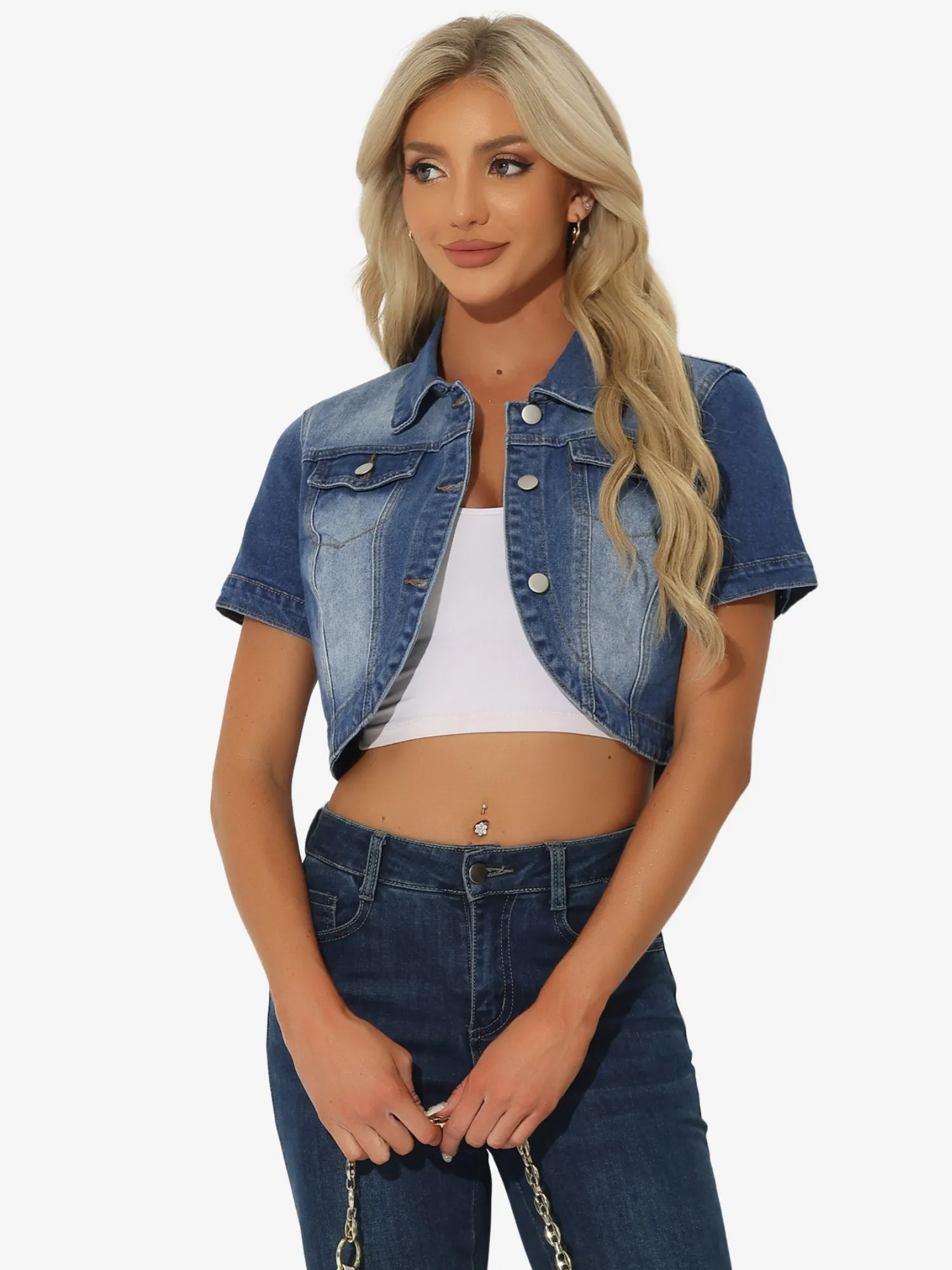 Casual Denim Turndown Collar Short Sleeves Crop Jean Jackets