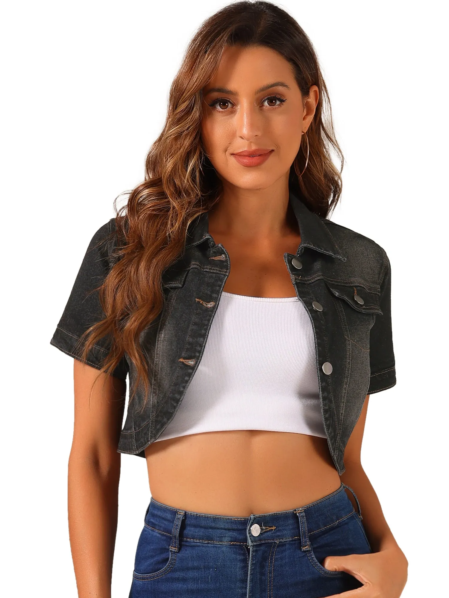 Casual Denim Turndown Collar Short Sleeves Crop Jean Jackets