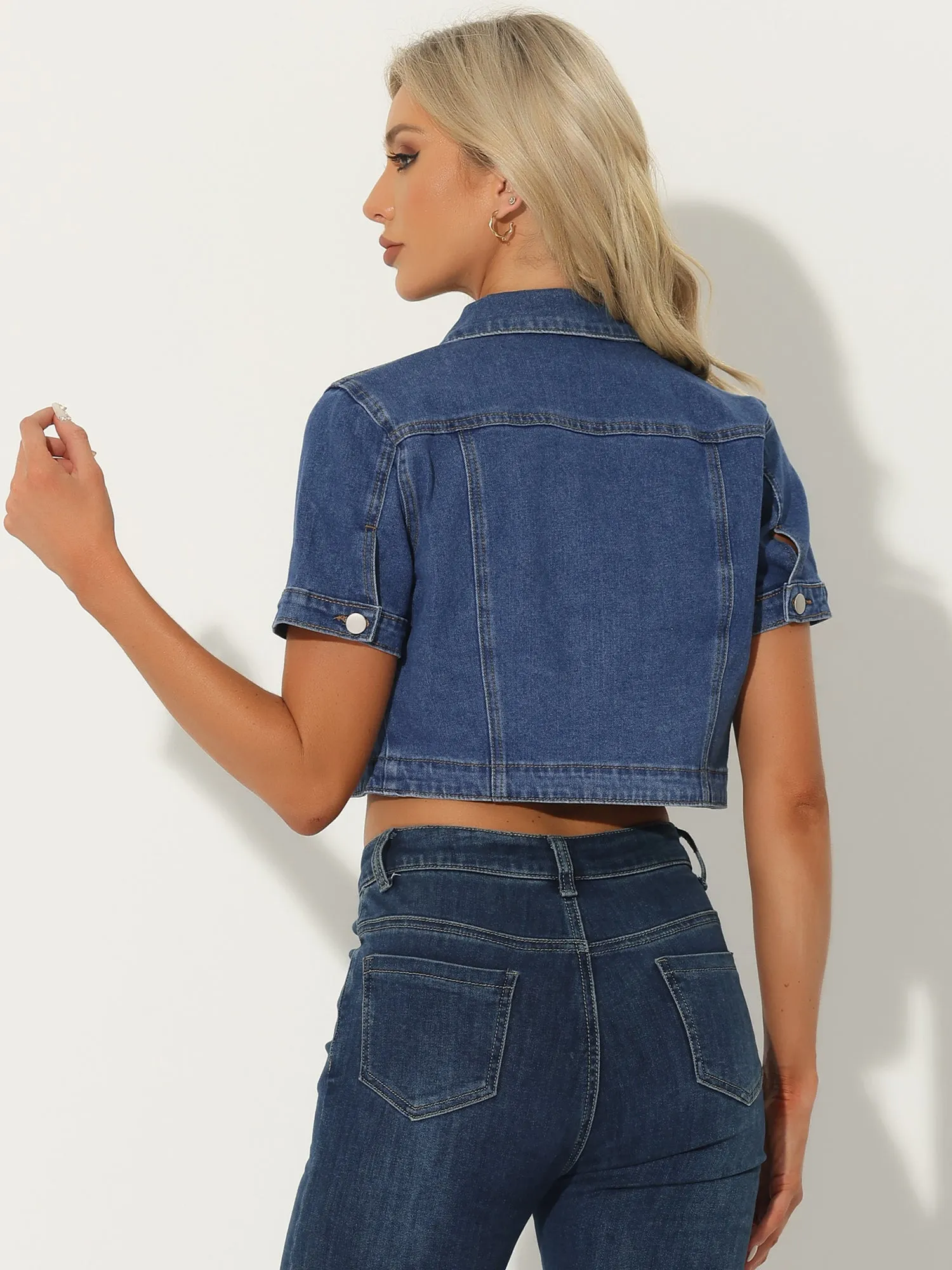 Casual Denim Turndown Collar Short Sleeves Crop Jean Jackets