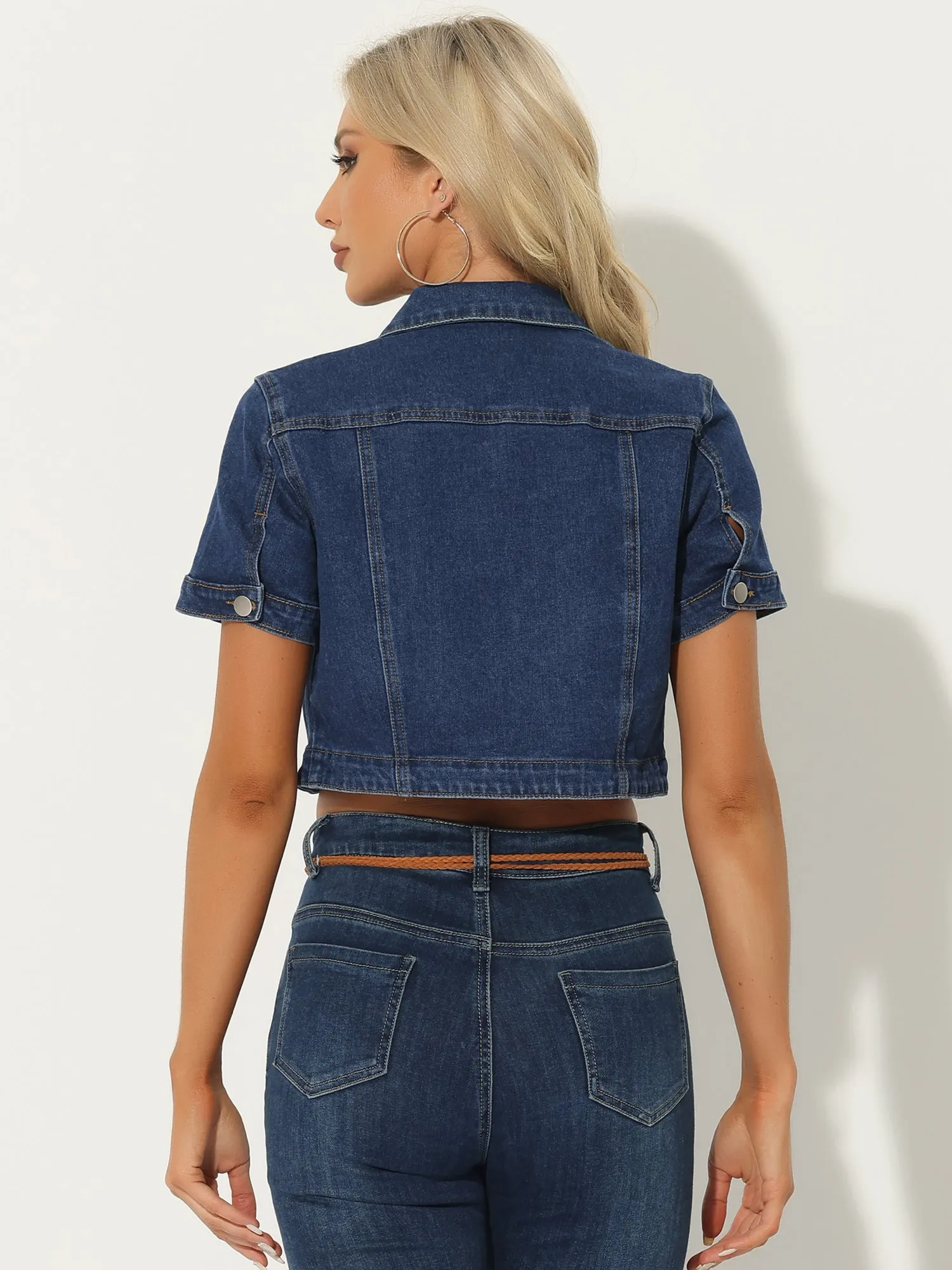Casual Denim Turndown Collar Short Sleeves Crop Jean Jackets