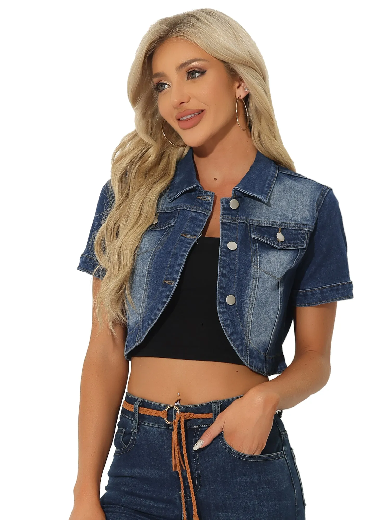 Casual Denim Turndown Collar Short Sleeves Crop Jean Jackets