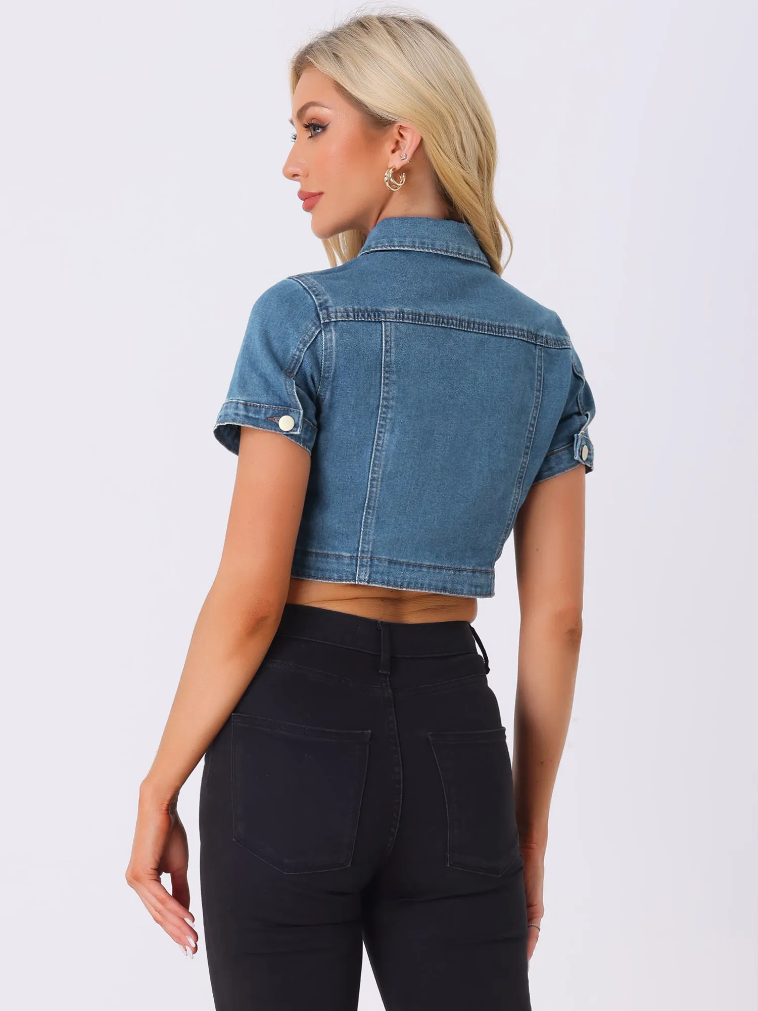 Casual Denim Turndown Collar Short Sleeves Crop Jean Jackets