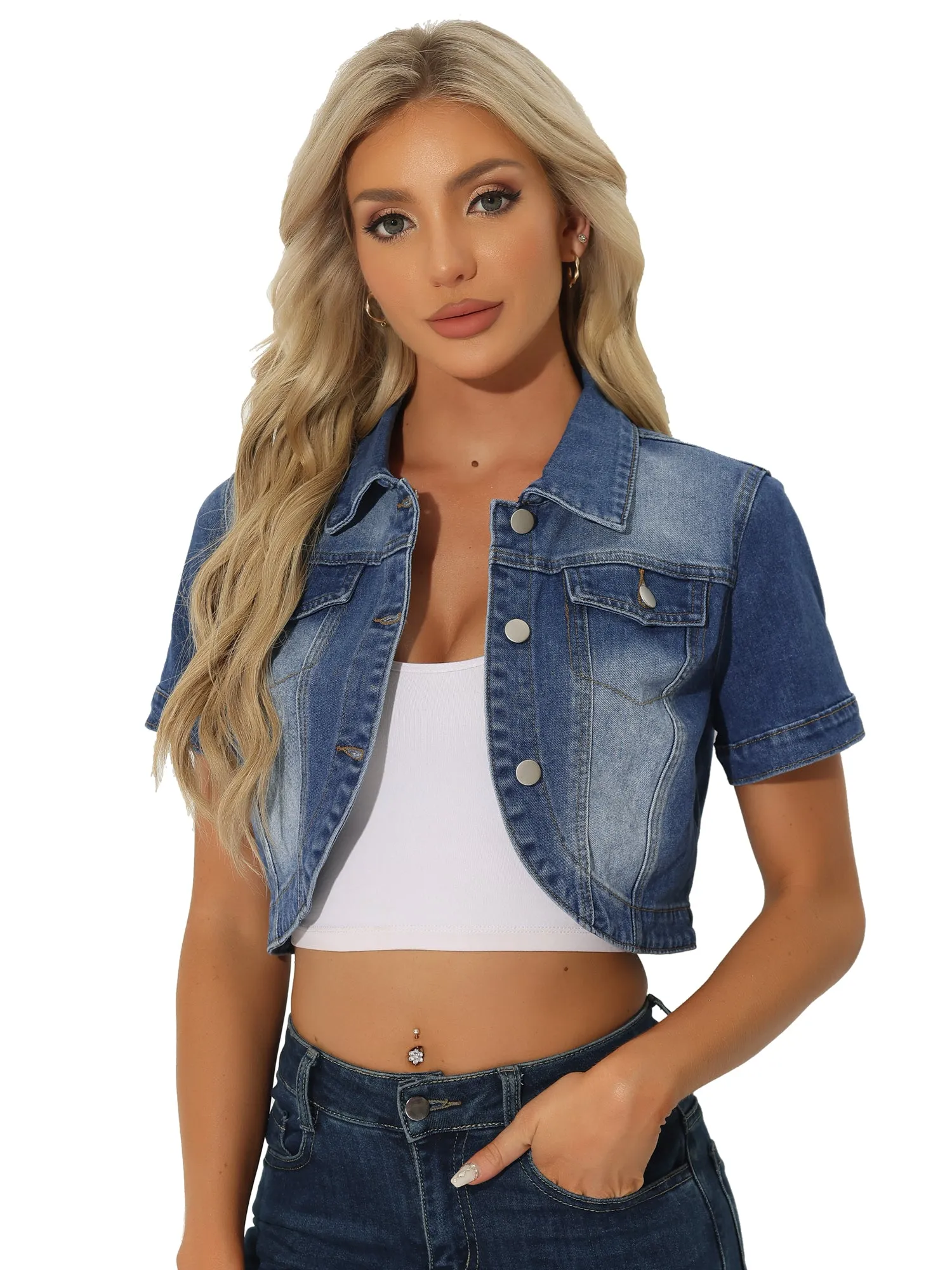Casual Denim Turndown Collar Short Sleeves Crop Jean Jackets