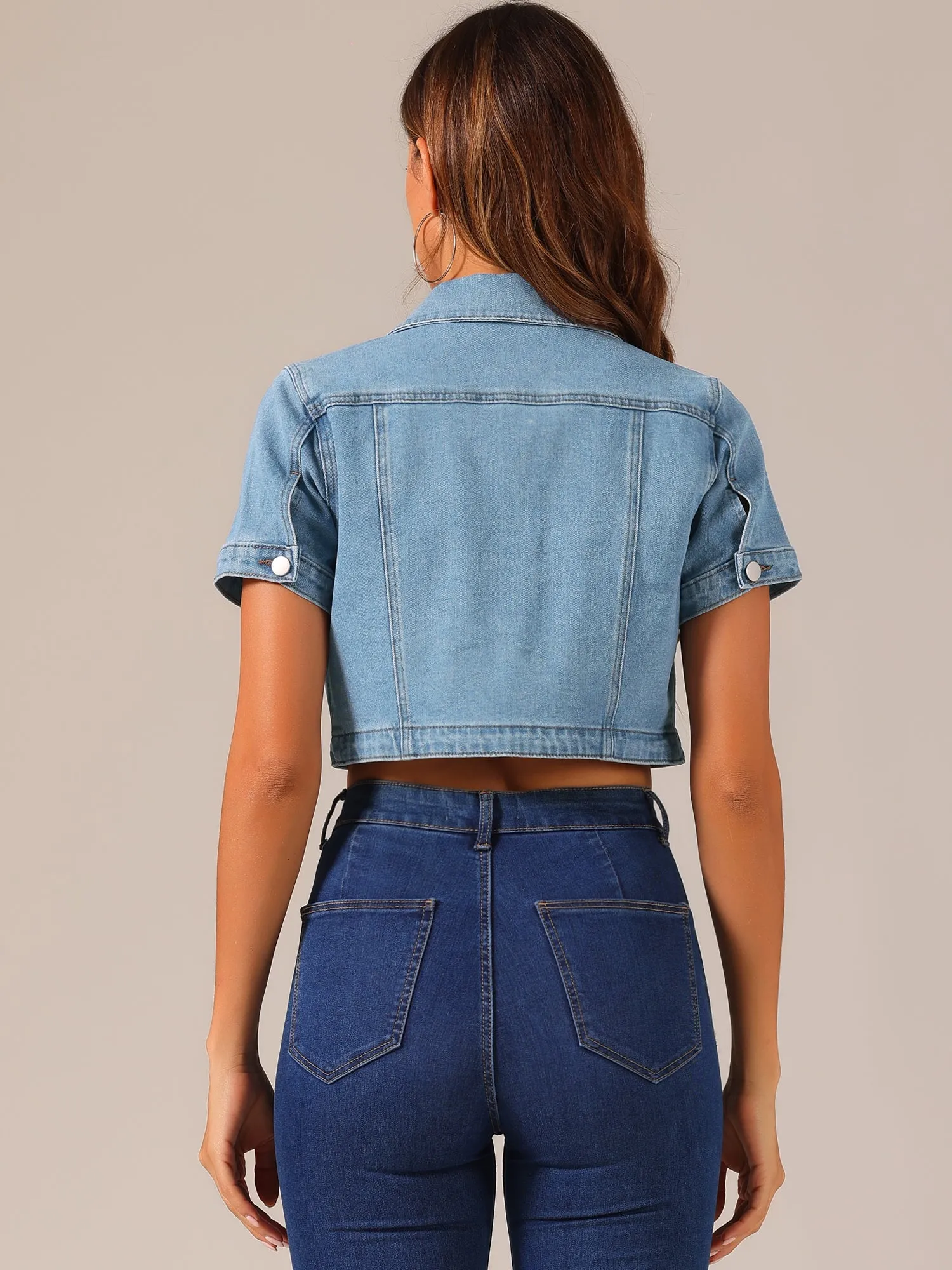 Casual Denim Turndown Collar Short Sleeves Crop Jean Jackets