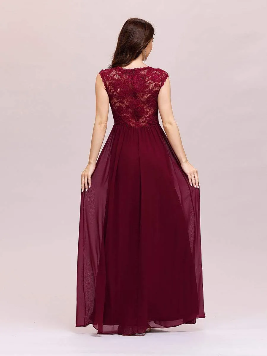 Classic Floral Lace V Neck Chiffon Evening Dress with Cap Sleeve