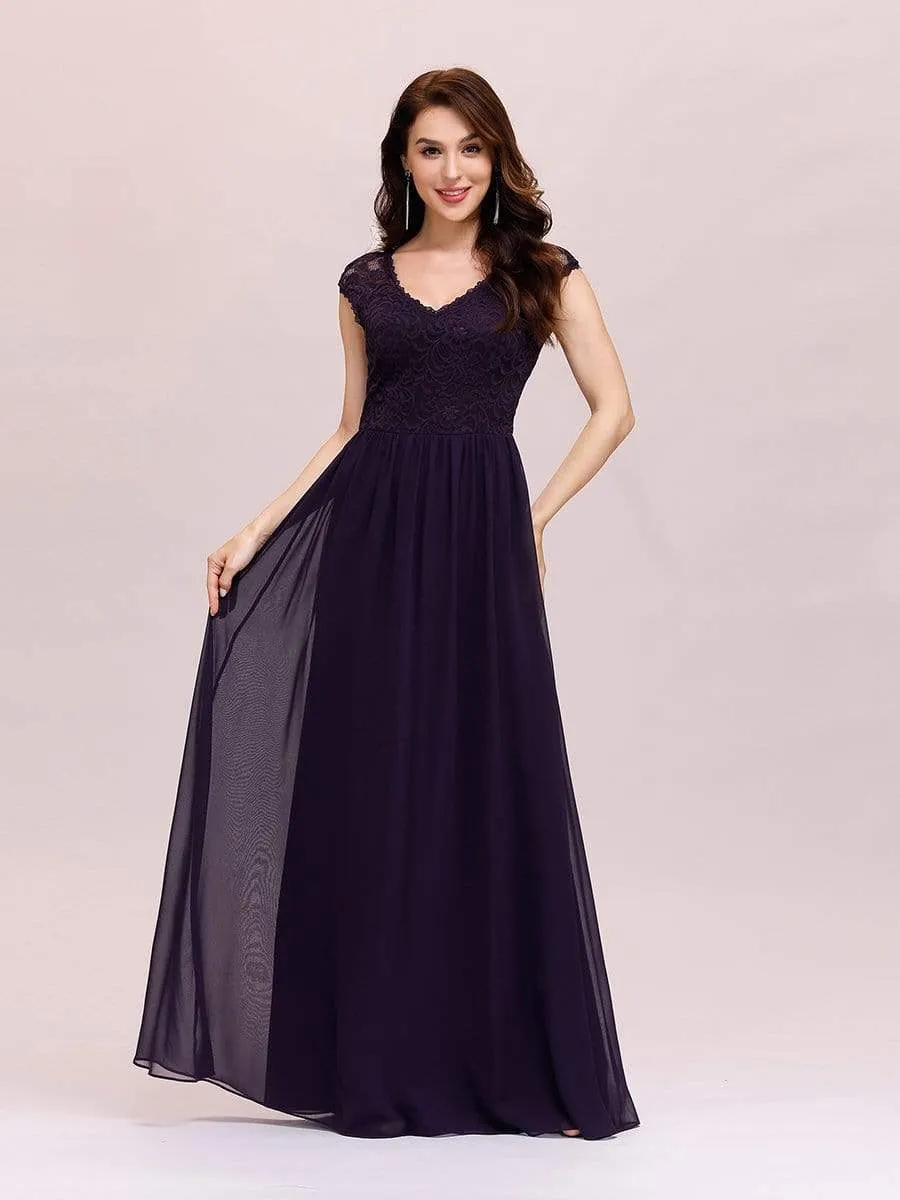 Classic Floral Lace V Neck Chiffon Evening Dress with Cap Sleeve