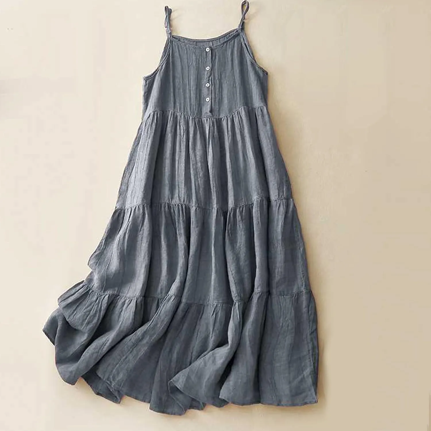 Cotton Linen Sundress for Women Summer Casual Spaghetti Strap Sleeveless Ruffle Tiered Beach Flowy Long Dresses Lightweight