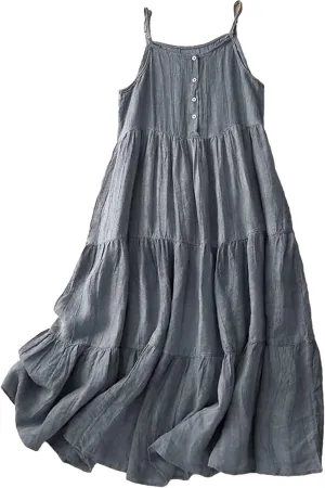 Cotton Linen Sundress for Women Summer Casual Spaghetti Strap Sleeveless Ruffle Tiered Beach Flowy Long Dresses Lightweight