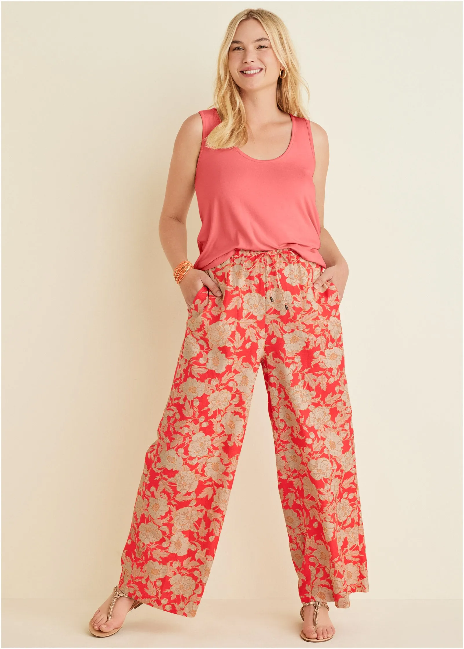 Cotton Linen Wide Leg Pants - Venetian Floral