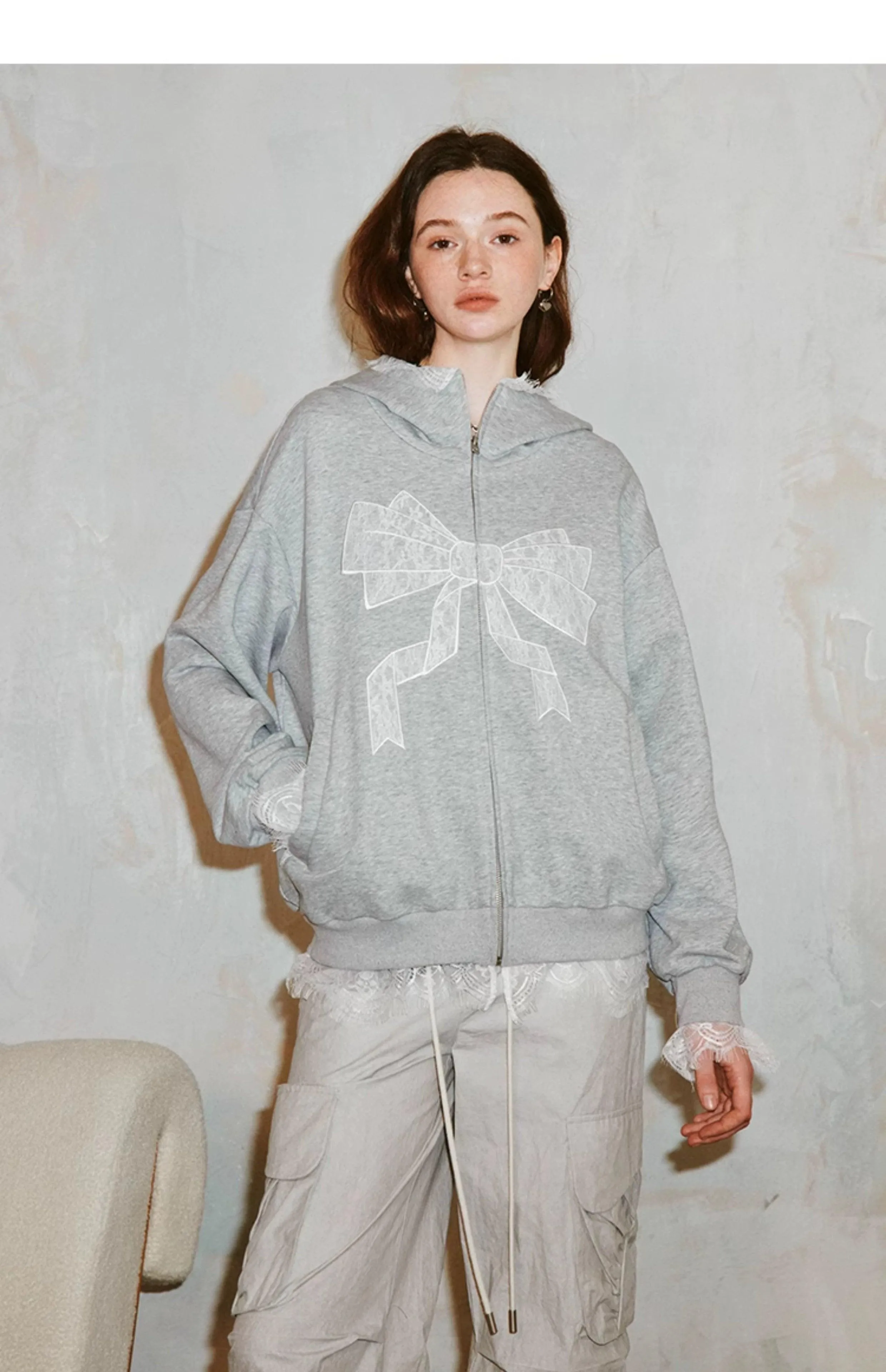 Diddi Moda Women'S Bow Print Hoodie - Gray Zip-Up Sweatshirt With Lace Trim And Graphic Design