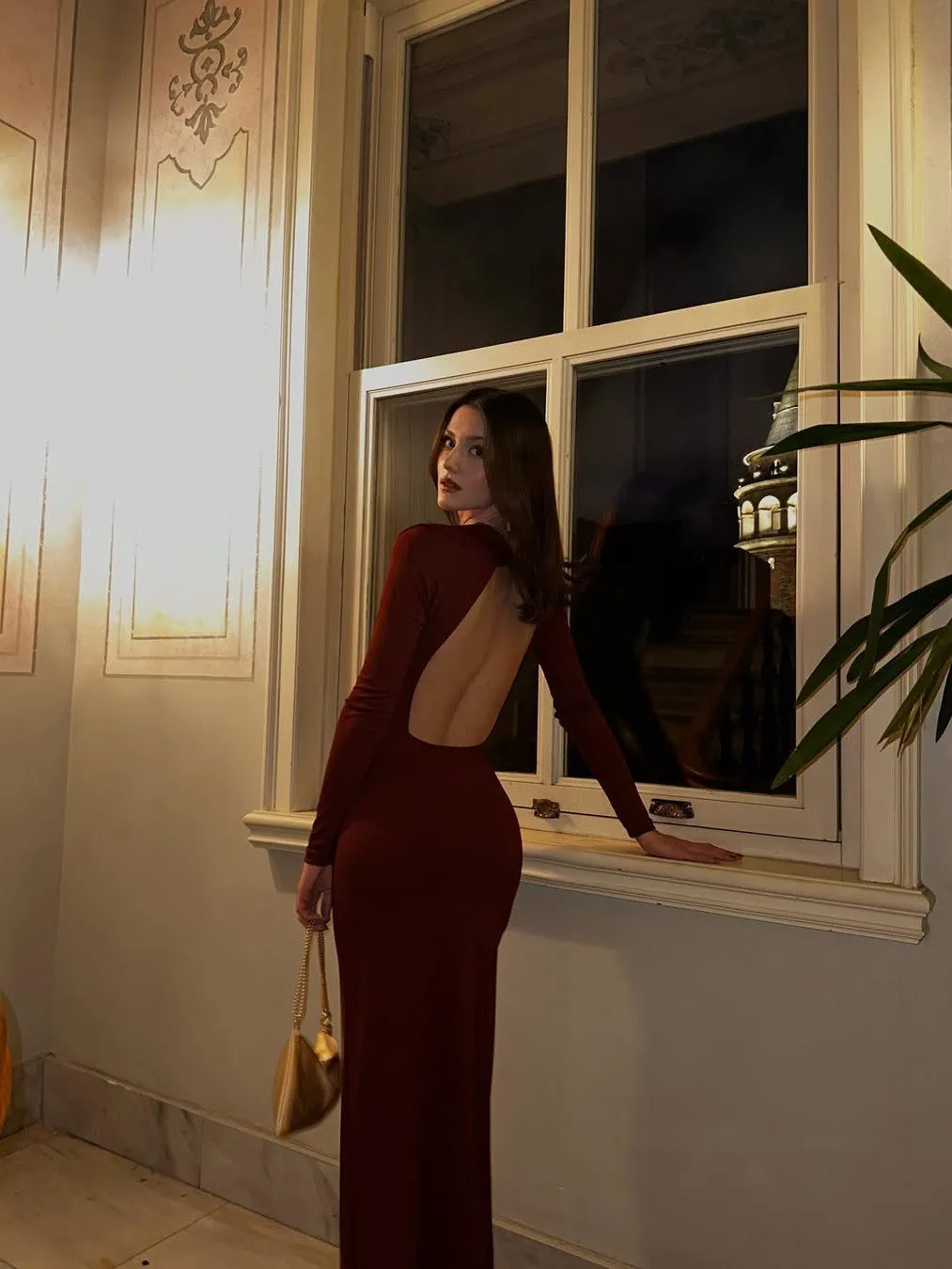 Draped Cowl Neck Backless Maxi Dress