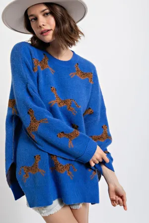 Easel Cheetah Patterned Sweater in Royal Blue