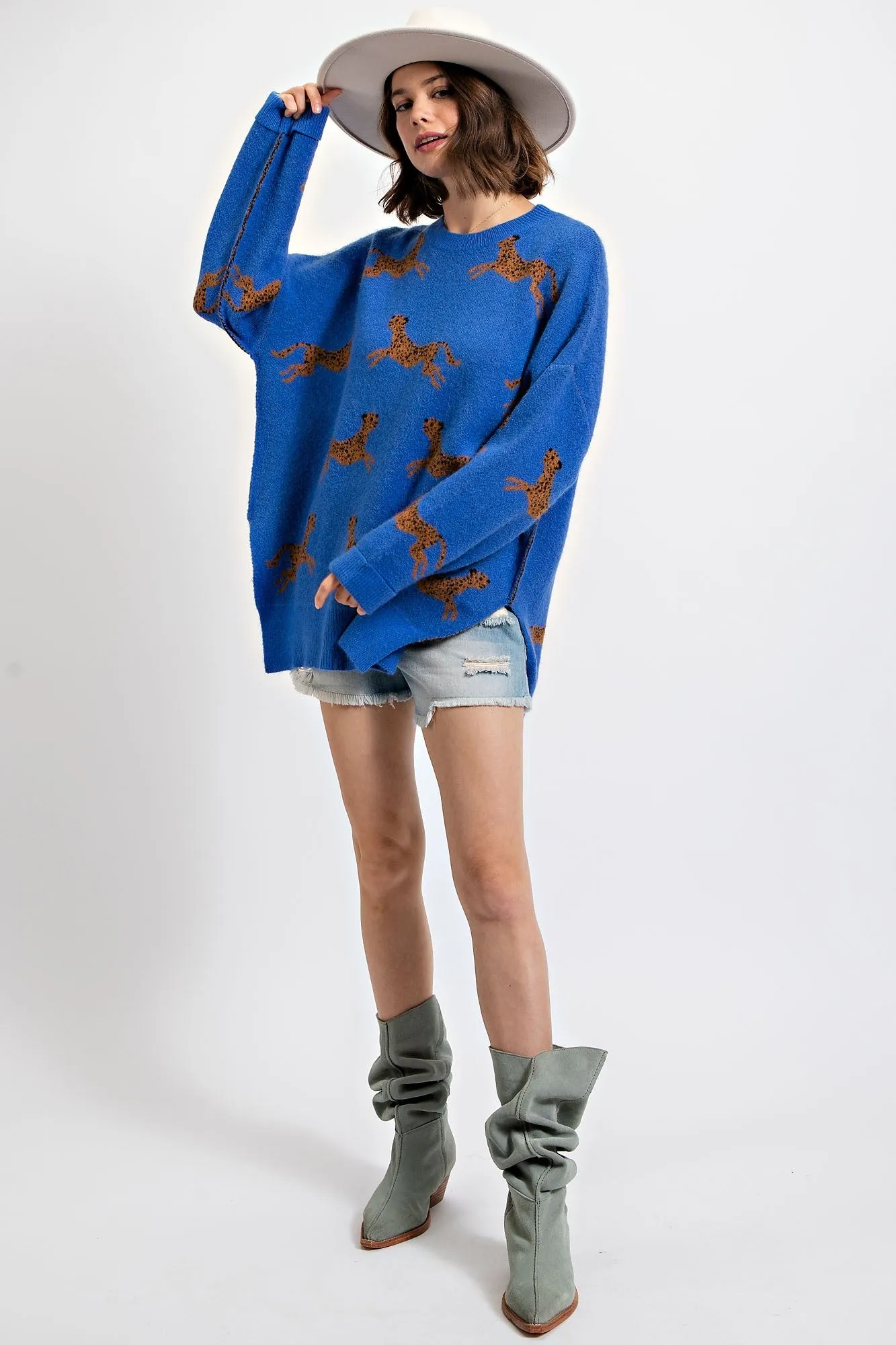 Easel Cheetah Patterned Sweater in Royal Blue