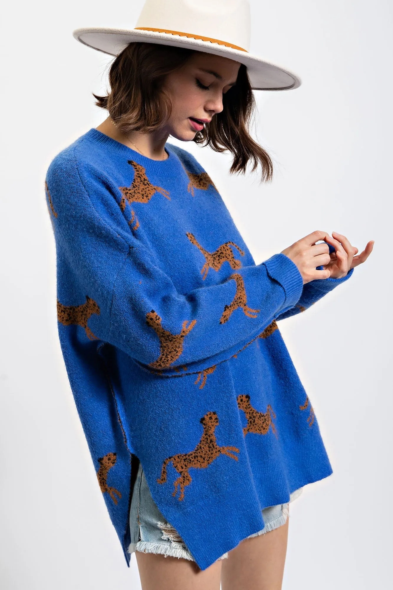 Easel Cheetah Patterned Sweater in Royal Blue