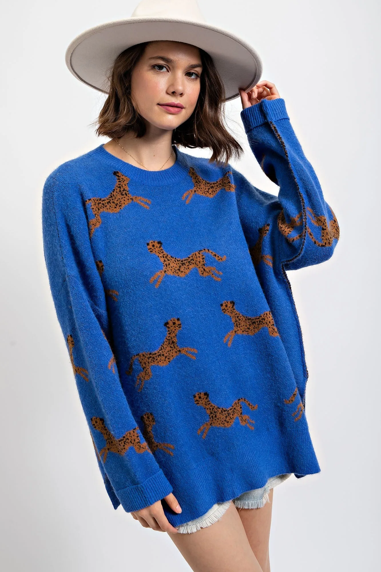 Easel Cheetah Patterned Sweater in Royal Blue