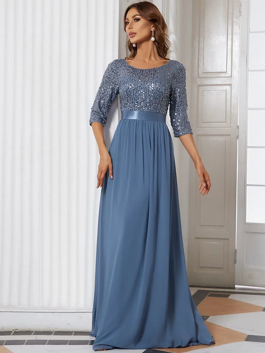 Elegant Round Neckline 3/4 Sleeve Sequins Patchwork Evening Dress