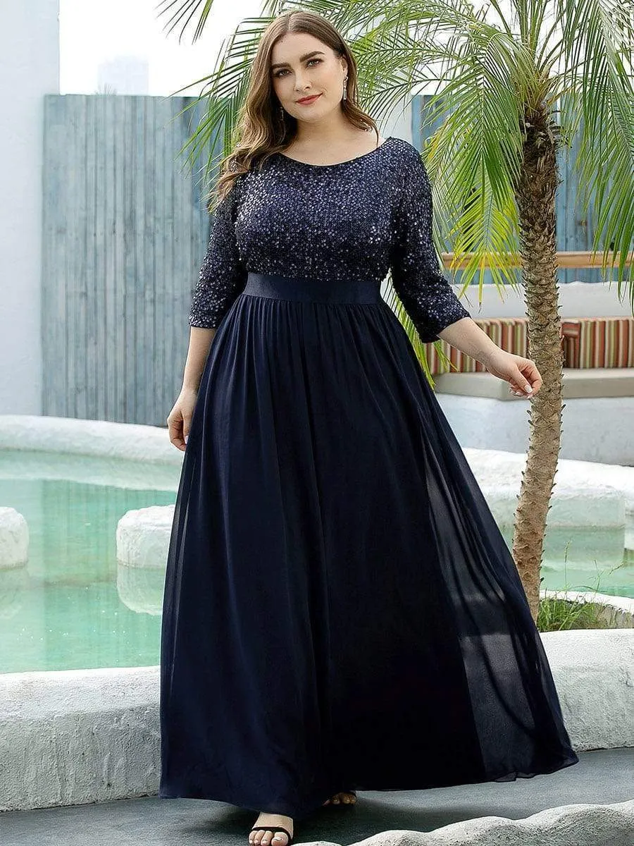 Elegant Round Neckline 3/4 Sleeve Sequins Patchwork Evening Dress