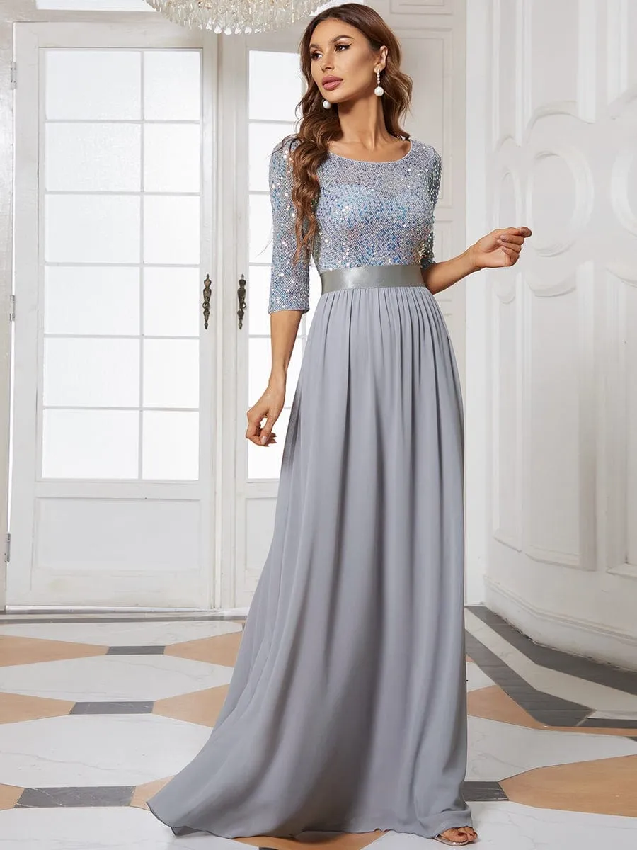 Elegant Round Neckline 3/4 Sleeve Sequins Patchwork Evening Dress