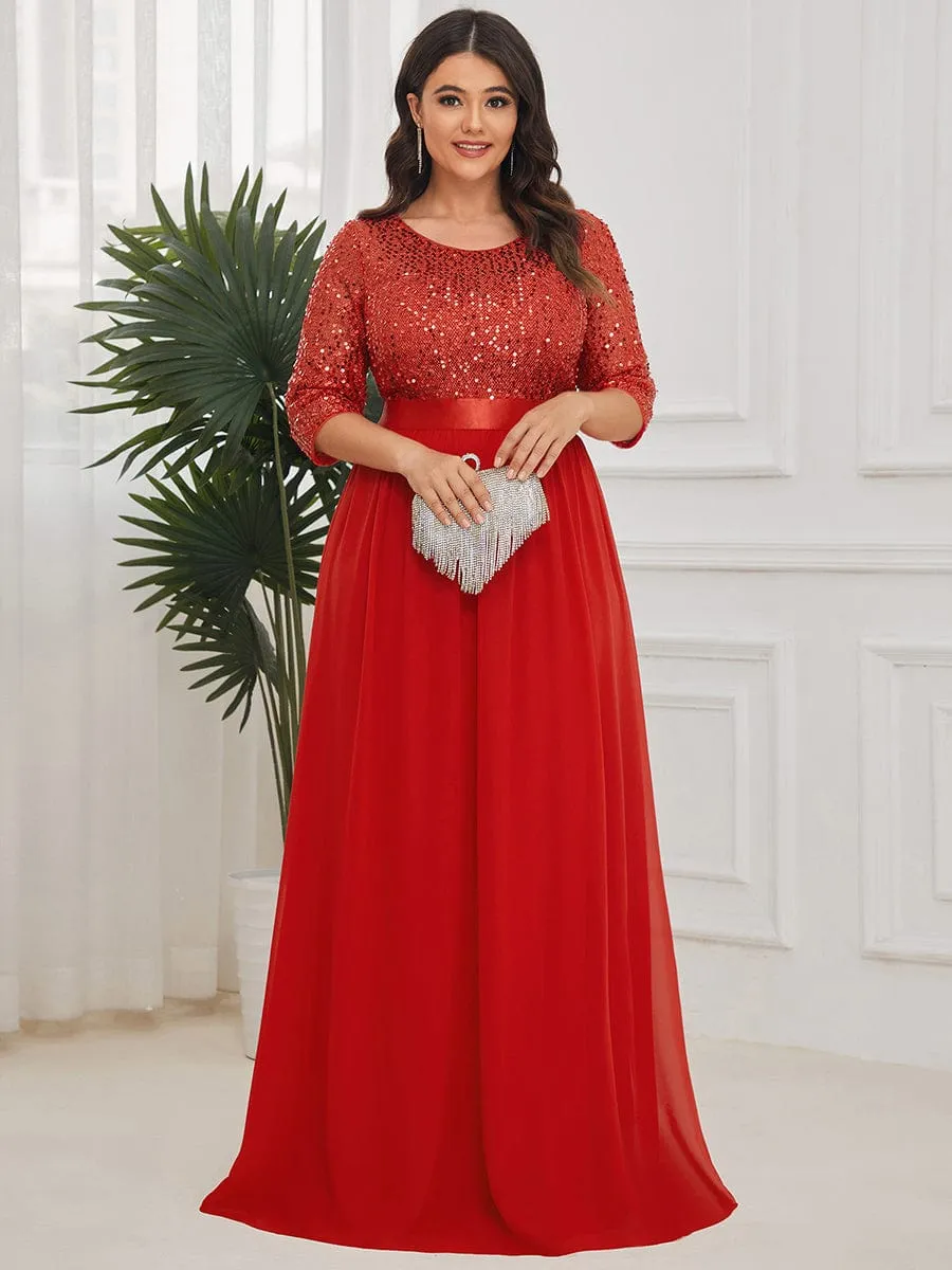 Elegant Round Neckline 3/4 Sleeve Sequins Patchwork Evening Dress