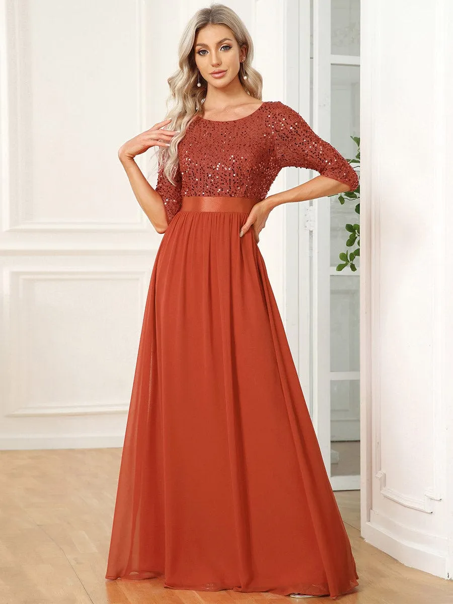 Elegant Round Neckline 3/4 Sleeve Sequins Patchwork Evening Dress