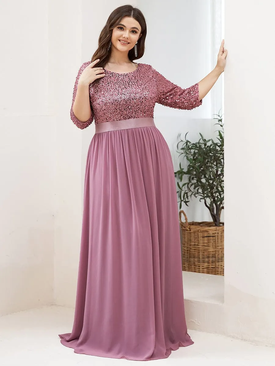 Elegant Round Neckline 3/4 Sleeve Sequins Patchwork Evening Dress