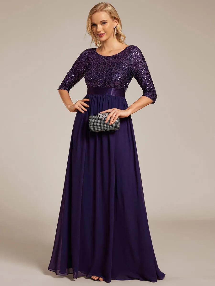 Elegant Round Neckline 3/4 Sleeve Sequins Patchwork Evening Dress