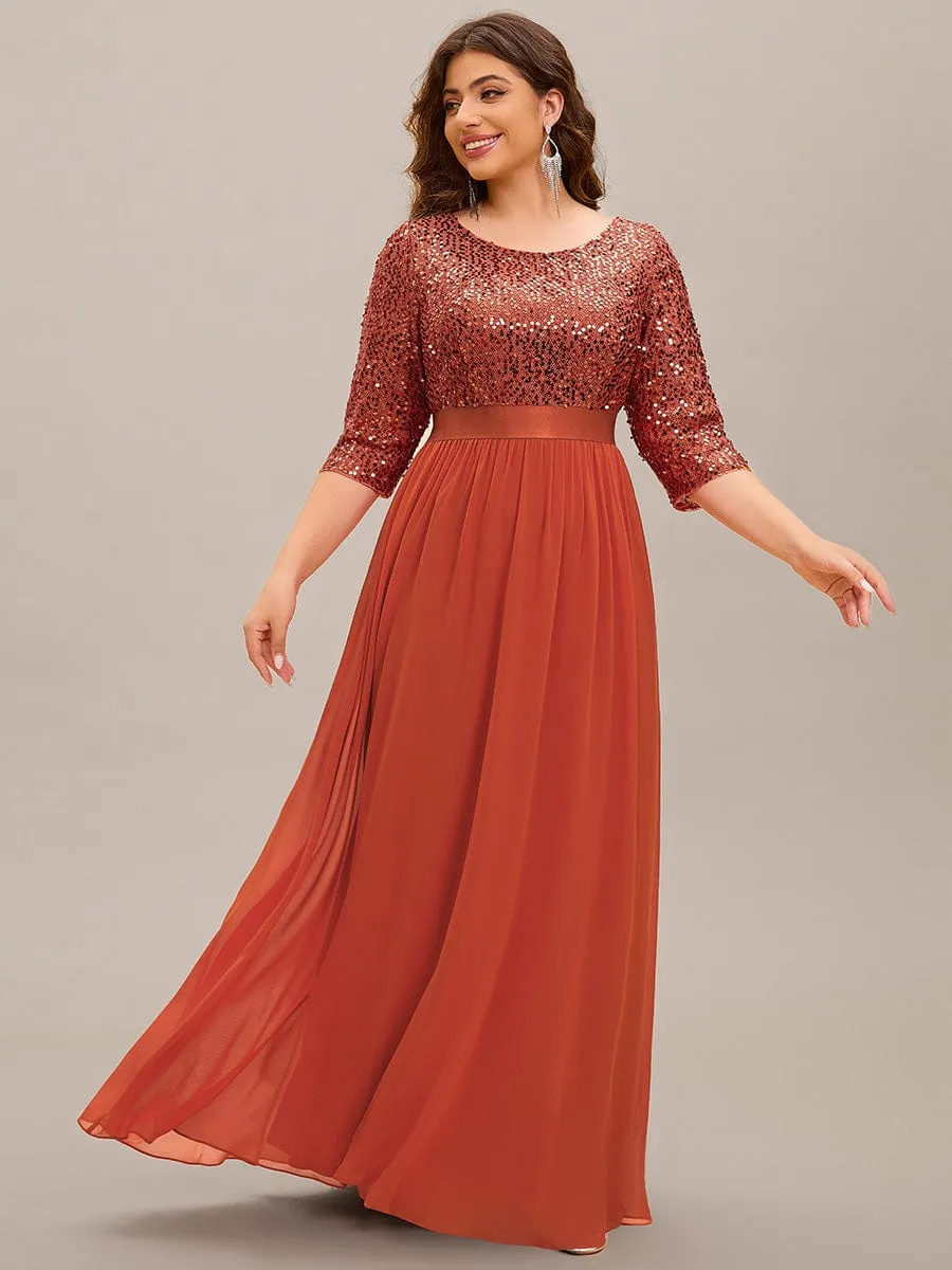 Elegant Round Neckline 3/4 Sleeve Sequins Patchwork Evening Dress