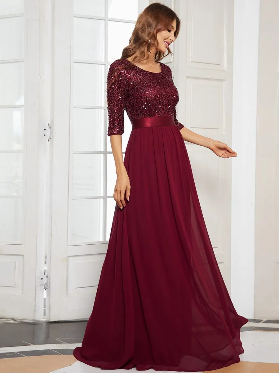 Elegant Round Neckline 3/4 Sleeve Sequins Patchwork Evening Dress