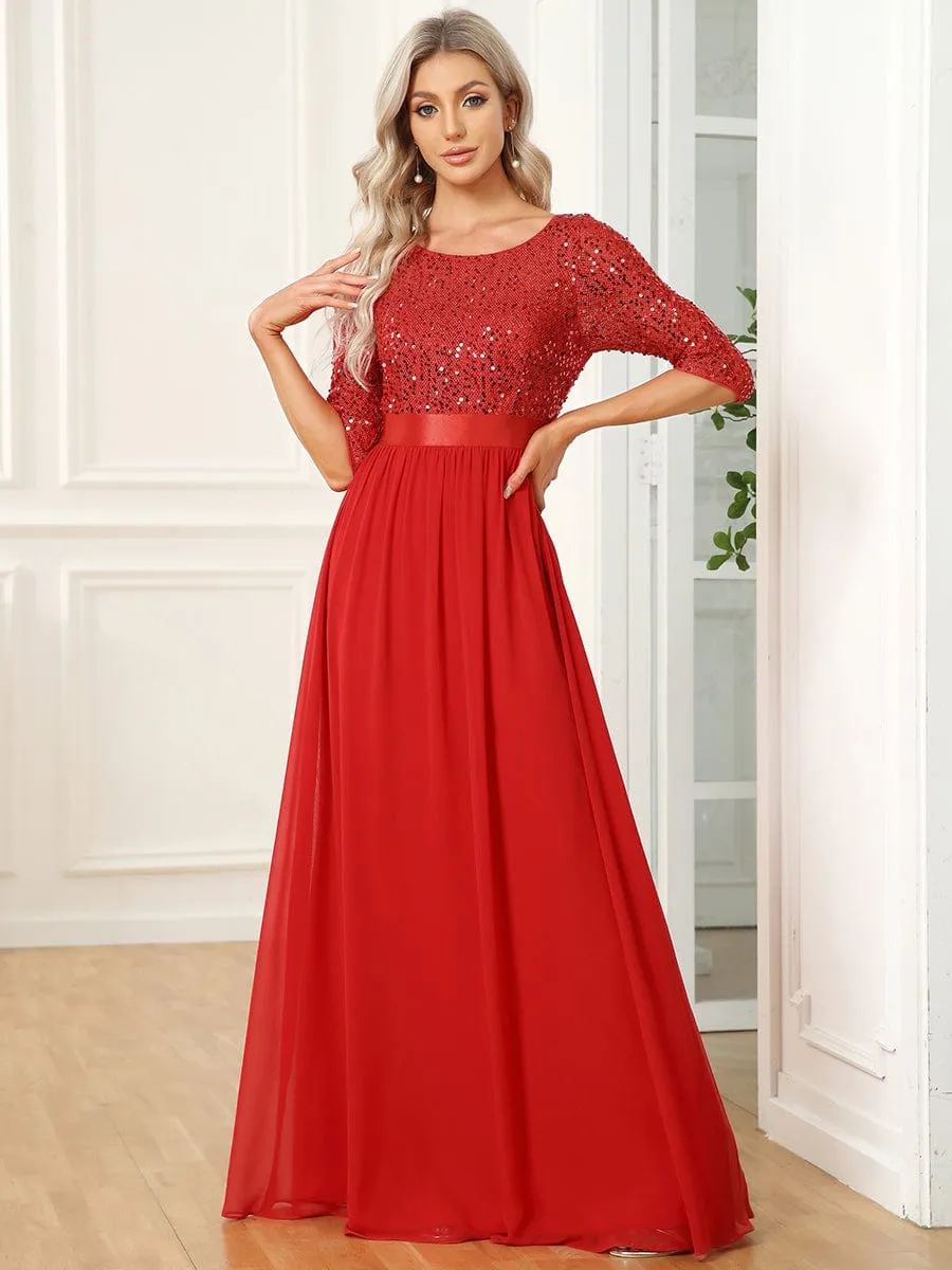 Elegant Round Neckline 3/4 Sleeve Sequins Patchwork Evening Dress