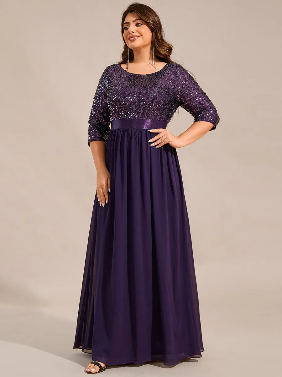 Elegant Round Neckline 3/4 Sleeve Sequins Patchwork Evening Dress